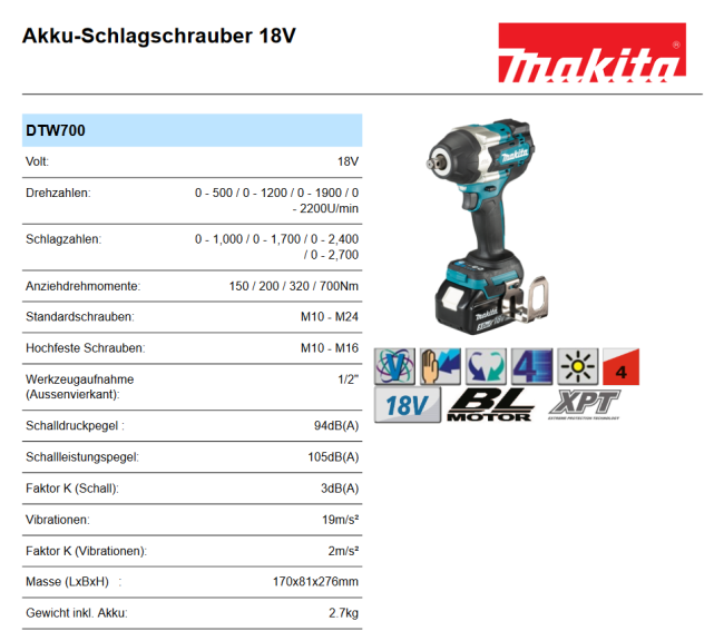 Preview: Makita Akku Schlagschrauber 18V 700Nm